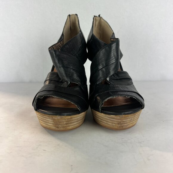 Seychelles Sandals Womens 8.5 Black Leather Wedge Stacked Heel Criss‎ Cross - Picture 5 of 15